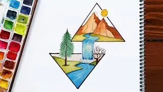 Draw a beautiful landscape in a triangle | nature landscape drawing easy