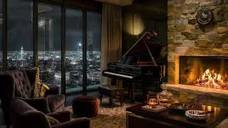 Cozy Winter Ambience with rain Jazz Music & Crackling Fireplace - Night Jazz 🥃 Whiskey [4K]