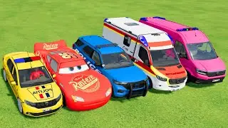 TRANSPORTING POLICE CARS, AMBULANCE, FIRE TRUCK, COLORFUL CARS WITH TRAIN -FARMING SIMULATOR 22!