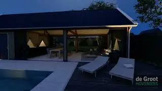 15754 | De Groot Hoveniers | 3D Ontwerp | Tuin met zadeldak buitenverblijf en zwembad | Avond