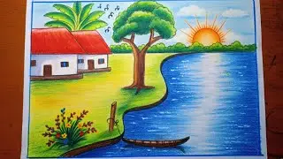 Simple village scenery drawing/How to draw village scenery/Kousole drisso aka shikhun/Easy technique