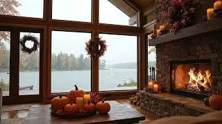Thanksgiving Fireplace by a Rainy Lake 🔥🌧️ | Peaceful Autumn Ambience & Rain Sounds for Relaxation