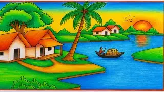 Landscape Village Scenery Drawing with Oilpastel || Beautiful Nature of Morning Scenery Drawing