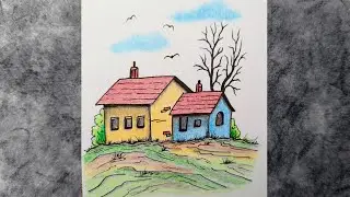 Pencil Sketch Tutorial / Pencil Drawing Village / Colored Pencils and Ink/ Landscape Scenery Drawing