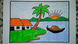 How to Draw Beautiful Village Scenery with River & Sunset | Easy Landscape Drawing for Beginners