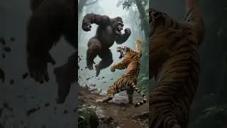 Orangutans and tigers fight in the rain, wild animals are at close distance, animals are confused