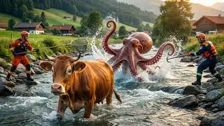 Giant River Octopus Attacks Cow | Heroic Rescue Team Saves Her 🐙🐄