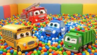 Color Balls Playground Song | Fire Truck, Police Car, School Bus & Garbage Truck | Rescue Cars Fun