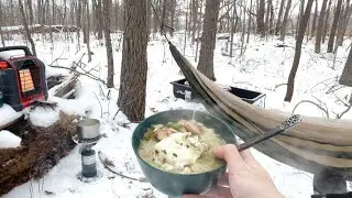 Cooking Ramen Soup During a Snowfall