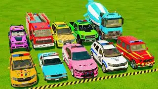 TRANSPORTING POLICE CARS, AMBULANCE, FIRE TRUCKS & COLORFUL CARS | FARMING SIMULATOR 22