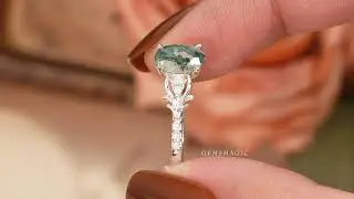 Oval Moss Agate Stag Inspired Bark Textured Engagement Ring