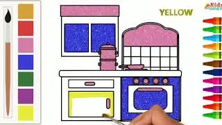 Learn to draw and color kitchen | Kitchen coloring page for kids
