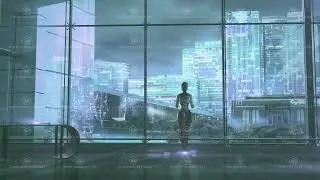 Dark blue sci-fi story with a robot, 3D render