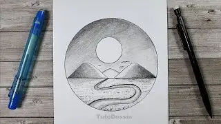 Paysage Dessiné dans un cercle | Comment dessiner un chemin et des montagnes