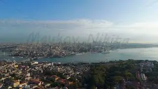 Istanbul, Turkey. Panoramic aerial view of Bosphorus Strait and Golden Horn with ships, bridges a...