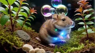 Colorful dreamy light and bubbles are emitted from the hamster's body