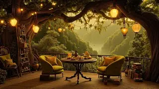 Cozy Forest Balcony Caf&eacute; Retreat - Gentle Jazz Piano & Warm Lantern Lights for Work & Relaxation