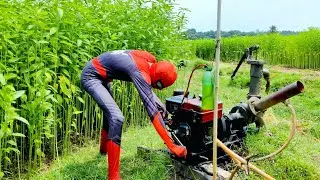 WOW!! Real Spiderman Started China Kirlosker Machine.Funny Style Machine Start.Skillfull Spiderman.