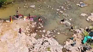 Ethiopian people at the river / Awash aerial