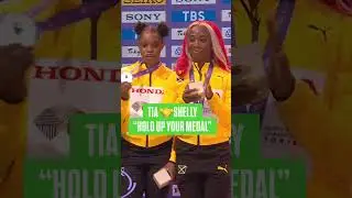 Tia reminding Shelly-Ann Fraser-Pryce to hold her medal for her final World Champs podium 🇯🇲❤️