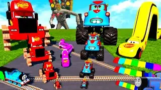 TRACTOR VS TRAIN CRASH TEST 167 - DOUBLE FLATBED TRAILER TRUCK VS SPEEDBUMPS TRANSPORTING CARS
