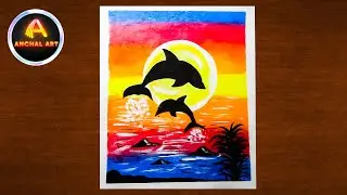 Dolphin Sunset scenery drawing with Oil Pastels | Dolphin Drawing | #drawing