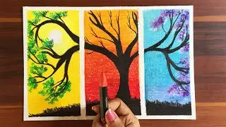 A Tree In Three Season Drawing / Easy Oil Pastel Drawing for Beginners / Pastel Drawing Easy