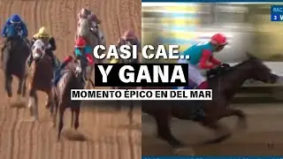 Antonio Fresu al borde de la ca&iacute;da&hellip; &iexcl;y a&uacute;n as&iacute; gana en Del Mar Racing! 😱🐎