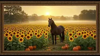 Frame TV Art - Frame Art TV with Music: Golden Morning Glory Majestic Horse in a Field of Sunflowers