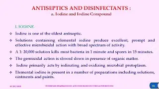 ANTISEPTICS AND DISINFECTANTS : IODINE, CHLORINE, DETERGANTS, DYES ETC  BY DR N B SHRIDHAR 7-7-2021