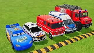 TRANSPORTING CARS, AMBULANCE, POLICE CARS, FIRE TRUCK OF COLORS! WITH TRUCKS! - FS 22