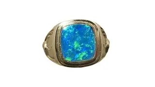 Mens Square Blue Opal Ring Deer Antler Detail 14k Gold - 8463 | FlashOpal