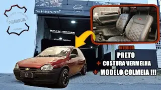 CORSA WIND INTERIOR PRETO COM COSTURA VERMELHA NO MODELO COLMEIA | PREMIUM REVESTIMENTOS