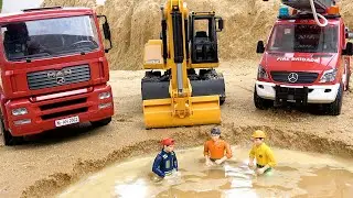 Build Swimming Pool Playground with Fire Truck, Excavator and Dump Trucks