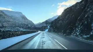Driving between Llanberis and Nant Peris, Snowdonia, Wales. January 2024