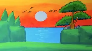 How to Draw a Beautiful Sunset River Scenery Drawing | Easy Nature Landscape Drawing for Beginners