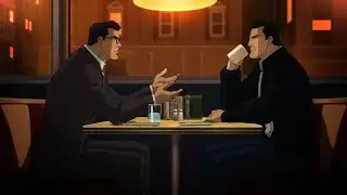 Bruce wayne and clark kent saying spooky stuff over coffee