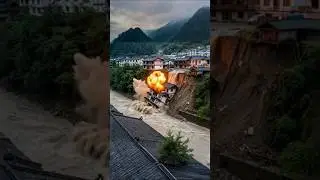 Dangerous Moment Of Flood ! Swallowed by the Flood #Flooded  #floodwarning  #RiverbankCollapse