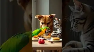 Dog, Cat and Chatty Parrot! Who will eat the pancakes first?
