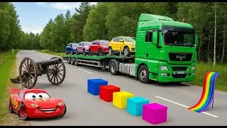 Triple Flatbed Trailer McQueen Transportation with Truck - Speedbumps vs Cars vs Train - BeamNG.