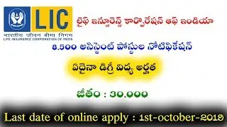 Life Insurance Corporation Of India 8500 Assistant Posts Notification 2019 || LIC Jobs Recruitment