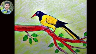 How to draw yellow bird scenery step by step | Yellow Bird Drawing