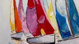 Vibrant Abstract Sailing Boats Oil Painting On Canvas, Colorful Sailboats Heavy Texture Painting