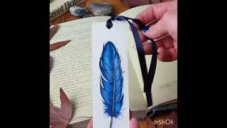 Handpainted Blue Feather on a White Wooden Bookmark by Liisa Clark