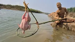 Unbelievable technique sandman fishing video using bamboo stick trap & whole chicken #fishing
