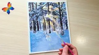 Pintar PAISAJE inviernal con SOL| Cómo pintar BOSQUE y NIEVE| Pintura acrílica |  #38