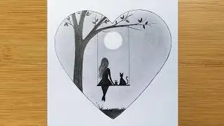 How to draw Alone Girl swinging in a tree -Pencil sketch || Girl on Swing in Moonlight || Art video