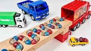 Marble Run Race ☆ HABA Slope & Retro Makita Truck, Excavator, Garbage Truck, Truck, Ambulances #09