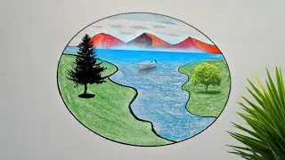 Circle scenery with mountain drawing easy easy | Circle drawing easy with colour #scenerydrawing