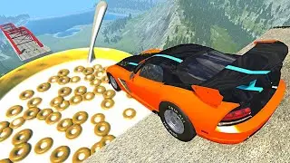 Beamng drive - Open Bridge Crashes over Giant Cereal bowl with Milk